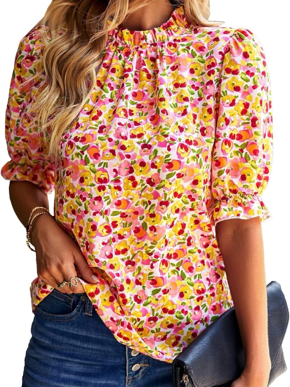 Women's Floral Ruffle-Neck Blouse in Pink & Yellow